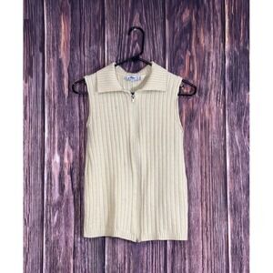 a tope Sweater Vest Womens L Cream Ribbed Knit Zip Up Collared Sleeveless Top